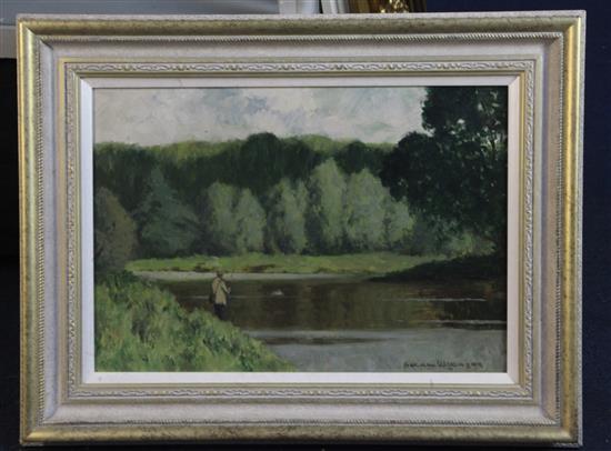 Norman Wilkinson (1878-1971) Fly fisherman beside a river 14 x 20in.